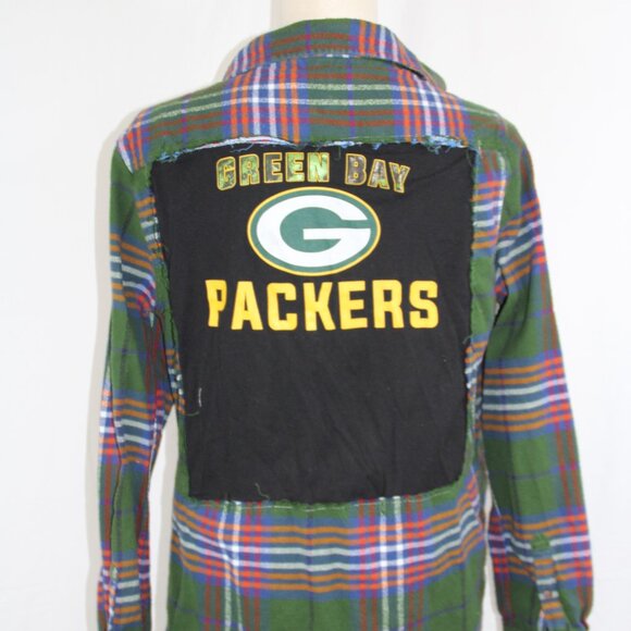 Packers Flannel Green Bay Upcycled Youth Button Down NFL Football Size 15-16 - Picture 2 of 10
